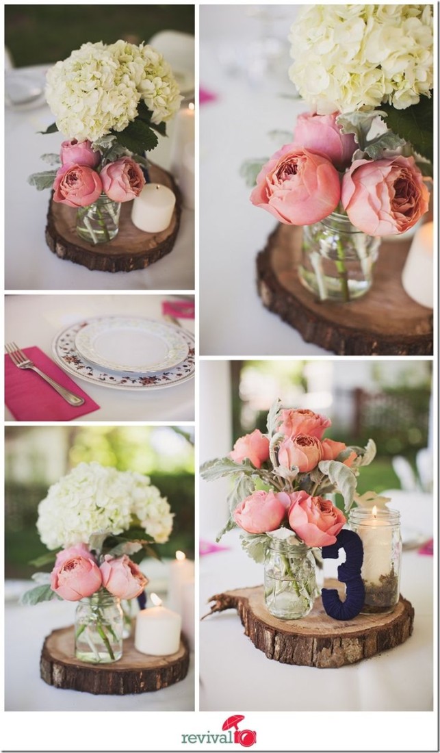 idei decoratiuni nunta tematica rustica felie de lemn rustic de asezat centerpiece cu borcane rustice  si trandafiri