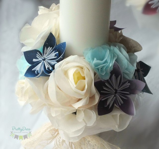lumanari de cununie sau botez flori rezistente nuante pale crem ivory bleu trandafiri  ivory si flori origami