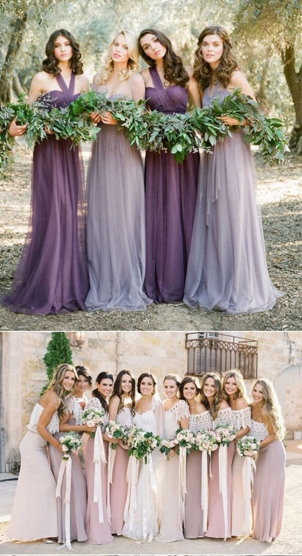 idei de rochii pentru domnisoarele de onoare nuante de mov lila pastelate