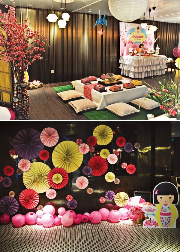 decoratiuni petrecere corporate de Craciun tematica japoneza rozete colorate lampioane