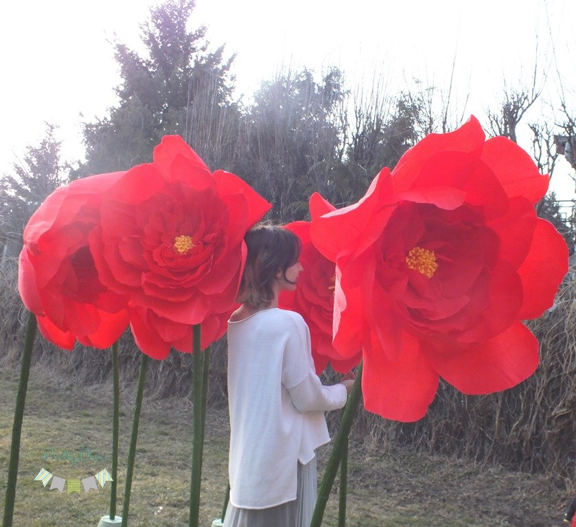 decor cu flori uriase rosii cu tulpina